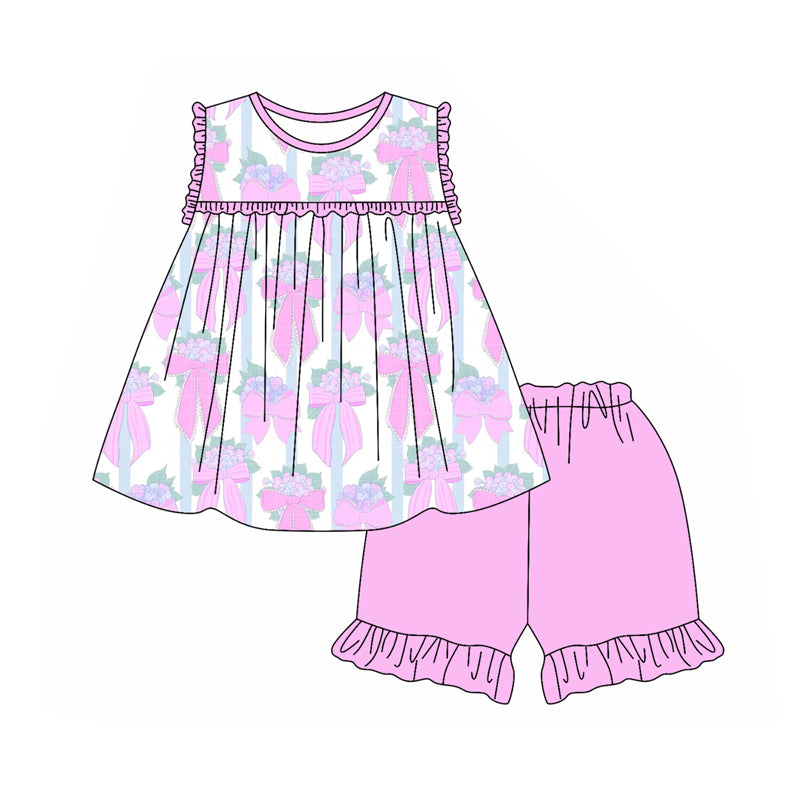 Preorder GSSO2169 Rose Pink Bow flower sleeveless top ruffle shorts sets Girls Boutique Summer clothes 202502 RTS