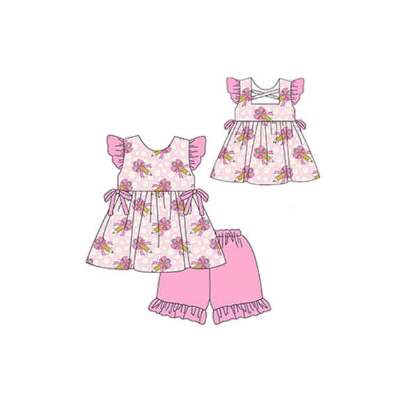 Preorder GSSO2171 Hot Pink Bow pencil flower flying ruffled sleeve top shorts sets Girls Boutique Summer clothes 202502