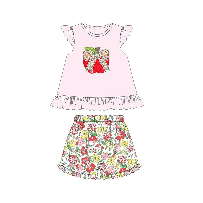 Preorder GSSO2179 Hot Pink flower bow apple school girls clothes flying sleeve top ruffled shorts sets Boutique Summer clothes 202502 RTS