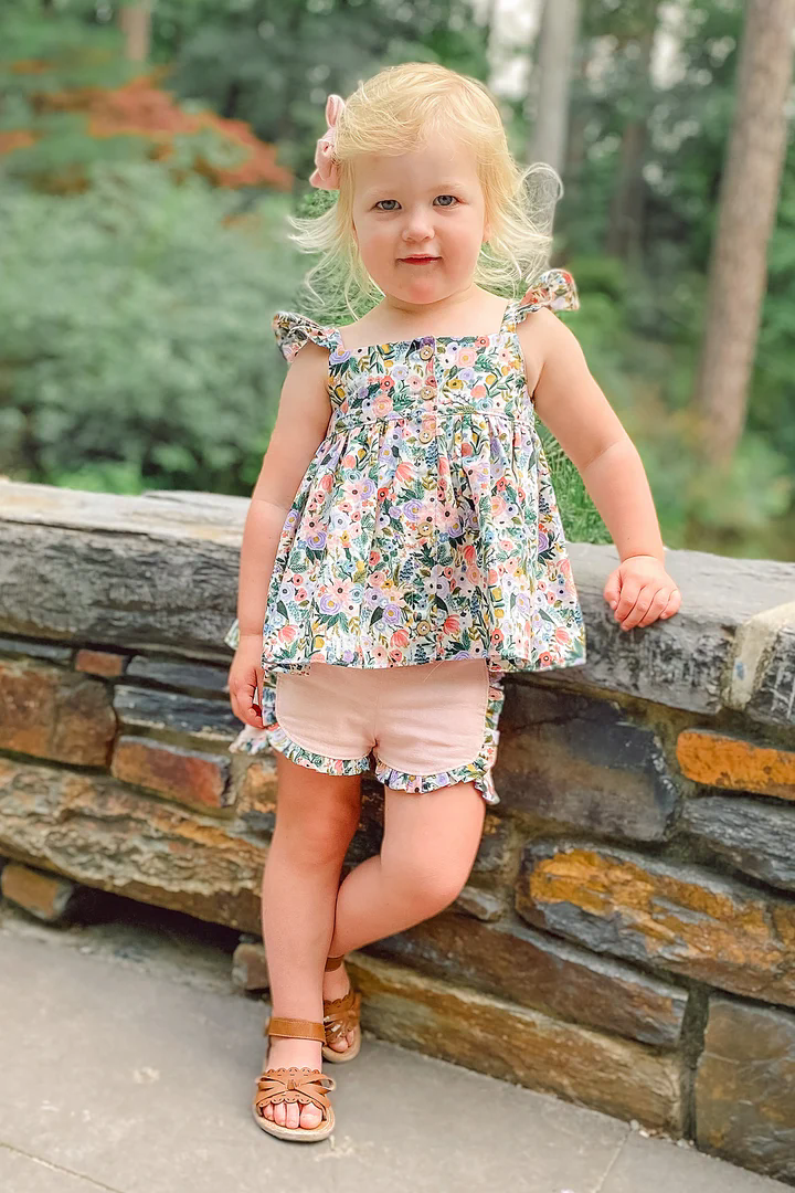 GSSO2180 Hot Pink Green flower leaf flying sleeve top shorts girls sets 202605 RTS