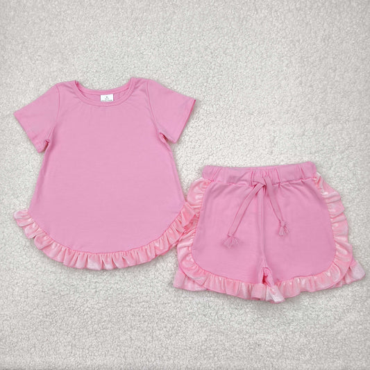 GSSO2181 Pure pink ruffle short sleeve top shorts set Girls Boutique Summer clothes 202504 RTS