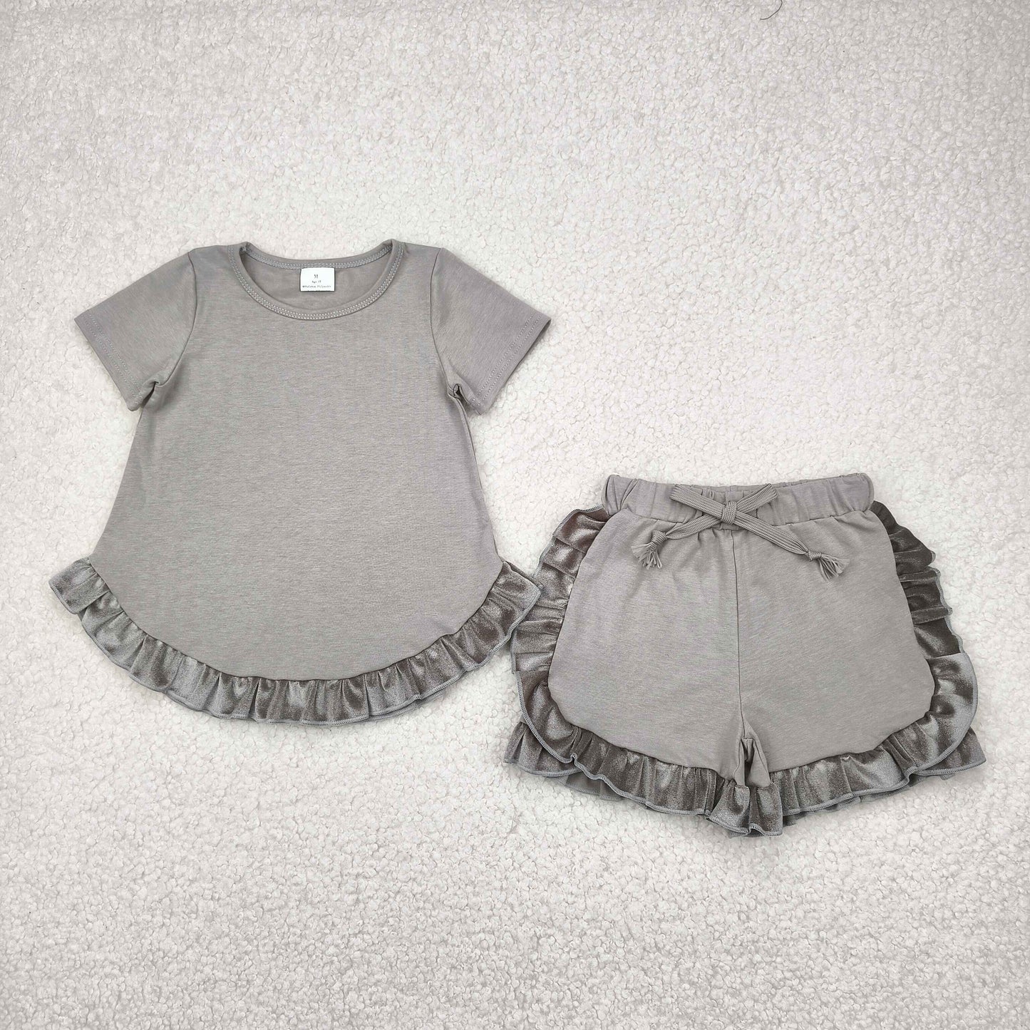 GSSO2182 Pure grey ruffle short sleeve top shorts set Girls Boutique Summer clothes 202504 RTS