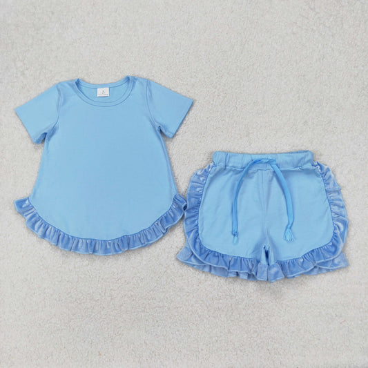 GSSO2183 Pure Cotton Blue Ruffle Short Sleeve Top Shorts Set Girls Boutique Outfits 202503 RTS