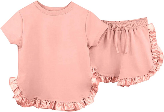 Preorder GSSO2186 Pure orange pink ruffle short sleeve top shorts set Girls Boutique Summer clothes 202502