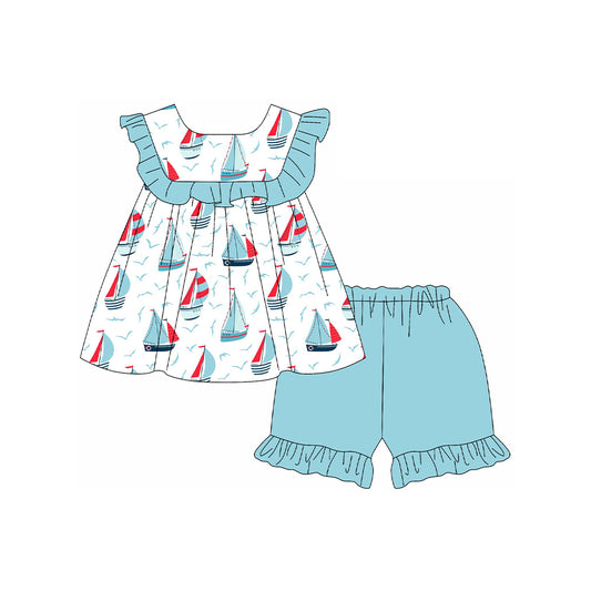 Preorder GSSO2190 Easter Boutique sailboat blue ruffle sleeveless top shorts set Girls Boutique Summer clothes 202502