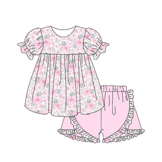 GSSO2194 Pink Flower Leaf Ruffled Short Sleeve Top Shorts Set Girls Boutique Summer clothes 202503 RTS