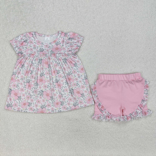 GSSO2194 Pink Flower Leaf Ruffled Short Sleeve Top Shorts Set Girls Boutique Summer clothes 202503 RTS