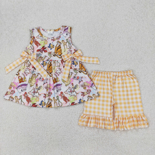 GSSO2197 My Friends Tigger & Pooh cartoon yellow plaid ruffled sleeveless top shorts set girls boutique clothes 202503 RTS