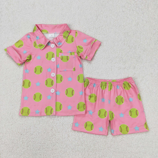 GSSO2203 baseball print hot pink button short sleeve top shorts pajamas Girls Boutique Outfits 202503 RTS