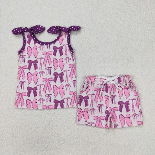 GSSO2207 Purple Pink bows sleeveless top shorts sets Girls Boutique Outfits 202503 RTS
