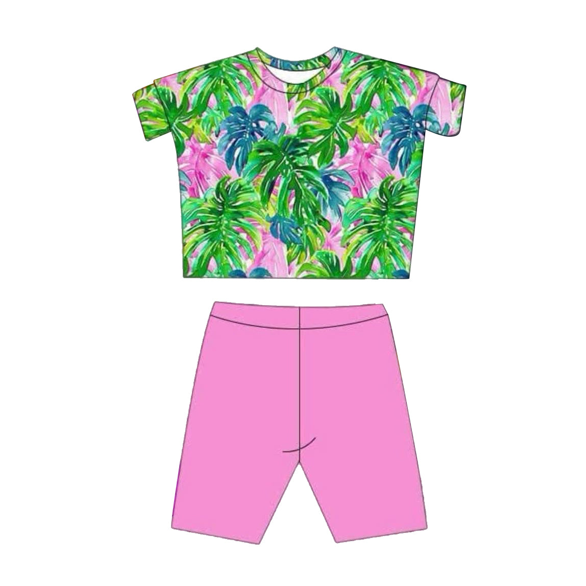 GSSO2211 Green Pink Leaf short sleeve top shorts sets Girls Boutique Summer clothes 202503 RTS