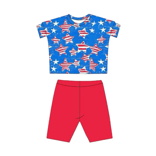 Preorder GSSO2213 US National day Red Blue star short sleeve top shorts sets Girls Boutique Summer clothes 202502