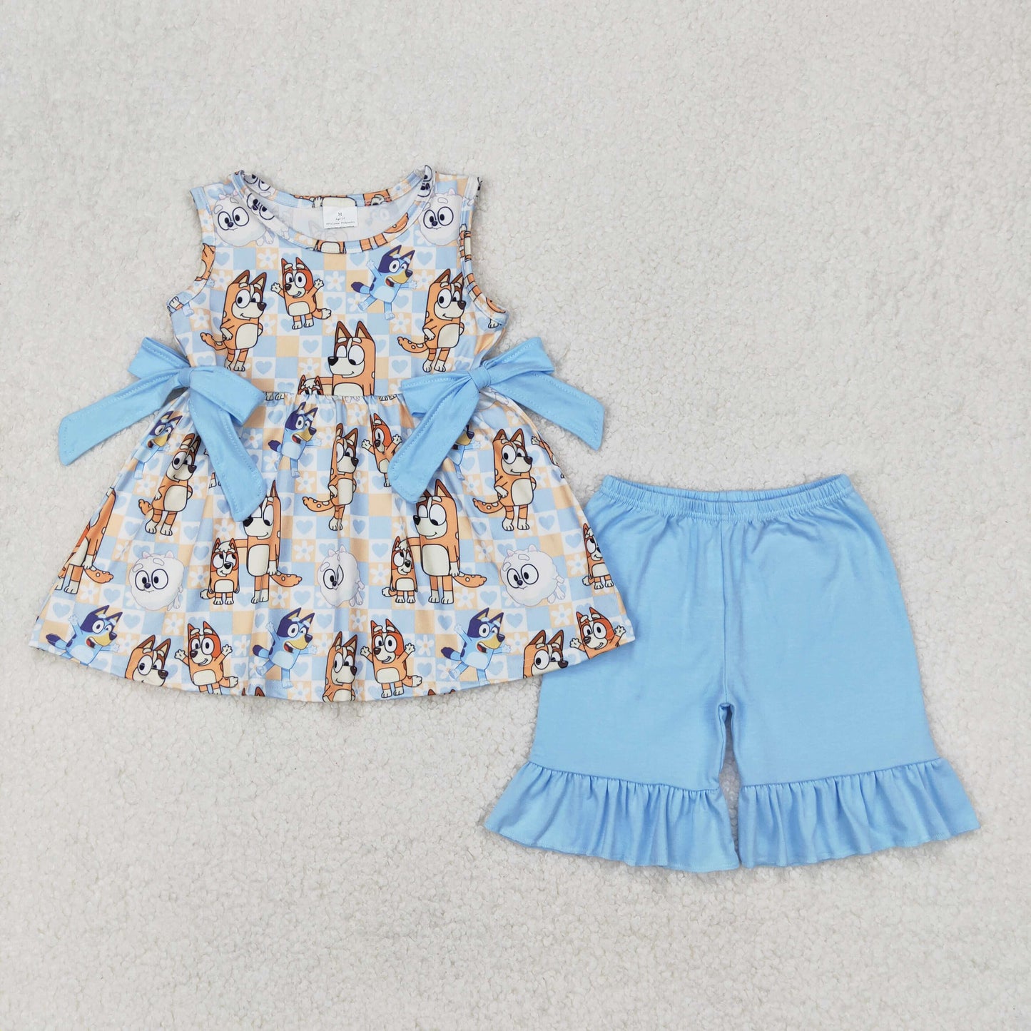 GSSO2223 Blue Cartoon Bluey Bows Sleeveless Top Ruffled Shorts Set Girls Boutique Outfit 202503 RTS