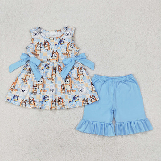 GSSO2223 Blue Cartoon Bluey Bows Sleeveless Top Ruffled Shorts Set Girls Boutique Outfit 202503 RTS