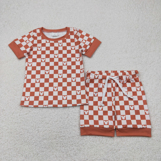 GSSO2232 brown plaid Mickey Mouse short sleeve top shorts set girls Boutique Summer outfit 202504 RTS