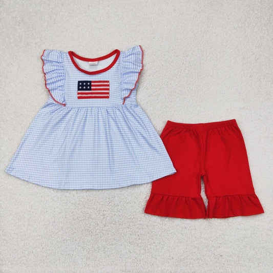 GSSO2238 Embroidered 4th of July Red Blue flag ruffle sleeveless top shorts set girls Boutique Summer outfit 202504 RTS