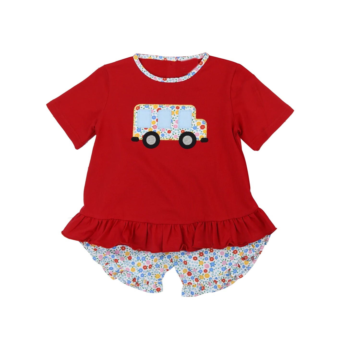 preorder GSSO2239 Red Blue Flower Bus short sleeve top shorts set girls Boutique Summer outfit 202502