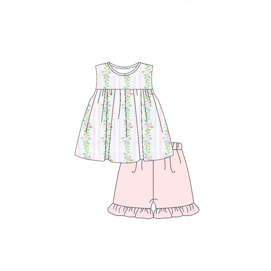 preorder GSSO2253 Light pink blue flowers leaf ruffled sleeveless top shorts set Girls Boutique Summer outfit 202502