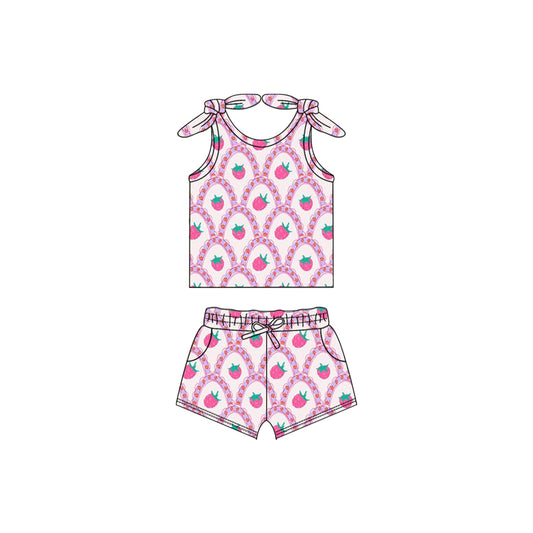 preorder GSSO2255 Hot Pink plaid strawberry sleeveless top shorts set Girls Boutique Summer outfit 202502