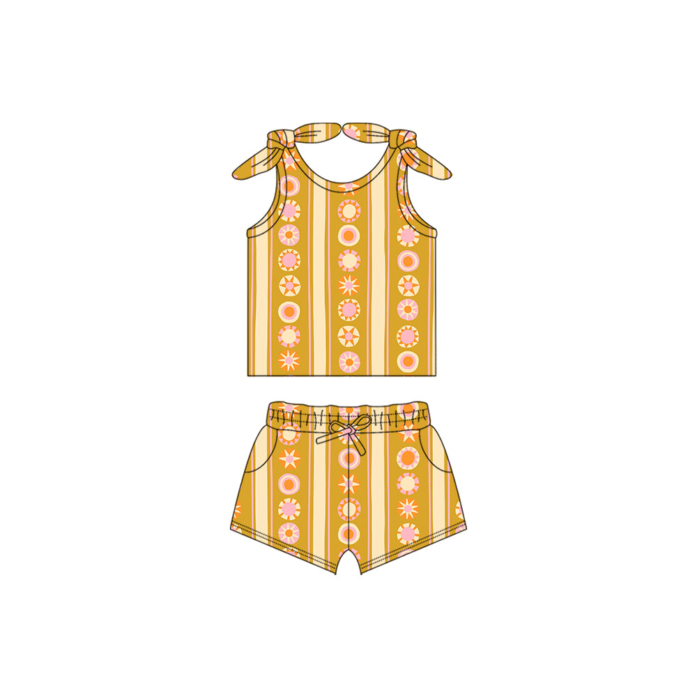 preorder GSSO2256 Orange flower Circle sleeveless top shorts set Girls Boutique Summer outfit 202502