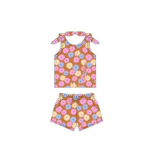 preorder GSSO2258 Pink Brown flower sleeveless top shorts set Girls Boutique Summer outfit 202502