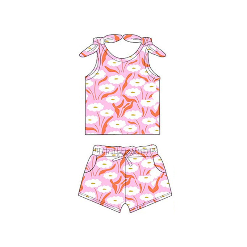 preorder GSSO2259 Pink White flower leaf sleeveless top shorts set Girls Boutique Summer outfit 202502