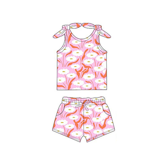 preorder GSSO2259 Pink White flower leaf sleeveless top shorts set Girls Boutique Summer outfit 202502