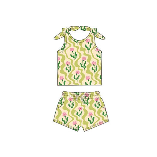 preorder GSSO2260 Yellow Green flower sleeveless top shorts set Girls Boutique Summer outfit 202502