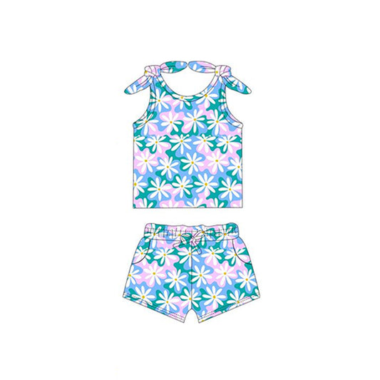 GSSO2262 Blue Pink flower sleeveless top shorts set Girls Boutique Summer outfit 202503 RTS