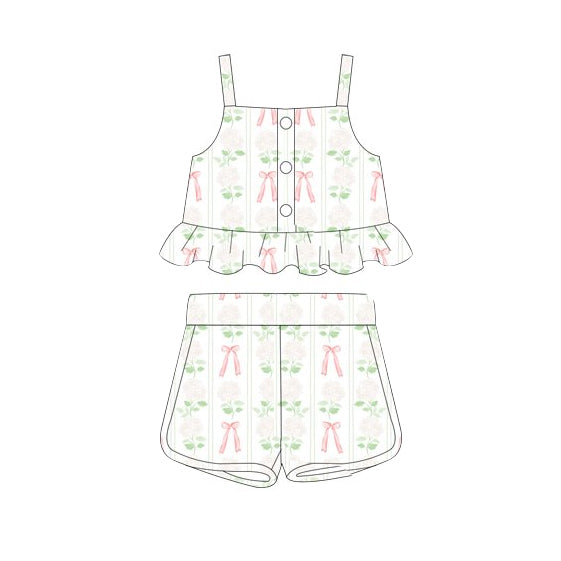 preorder GSSO2264 Light Green flower bow ruffle sleeveless top shorts set Girls Boutique Summer outfit 202502