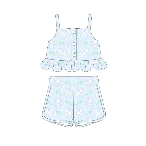 preorder GSSO2265 Light Blue flower bow ruffle sleeveless top shorts set Girls Boutique Summer outfit 202502