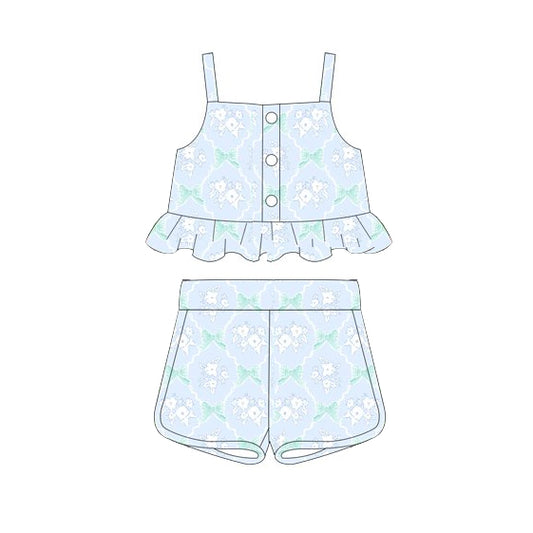 preorder GSSO2265 Light Blue flower bow ruffle sleeveless top shorts set Girls Boutique Summer outfit 202502