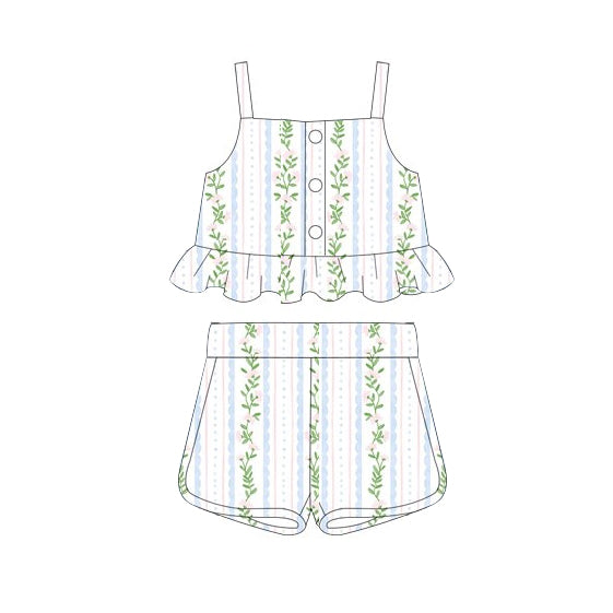preorder GSSO2266 Light Green Pink Striped flower ruffle sleeveless top shorts set Girls Boutique Summer outfit 202502