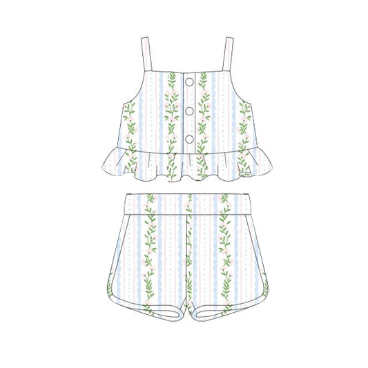 preorder GSSO2266 Light Green Pink Striped flower ruffle sleeveless top shorts set Girls Boutique Summer outfit 202502