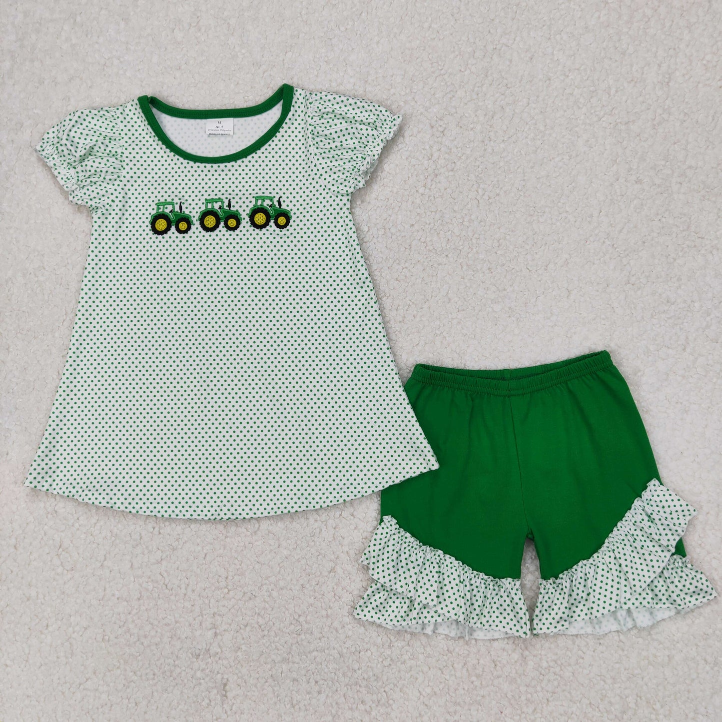 GSSO2268 Embroidered green cars dot short sleeve top ruffled shorts sets Girls Boutique outfit 202503 RTS