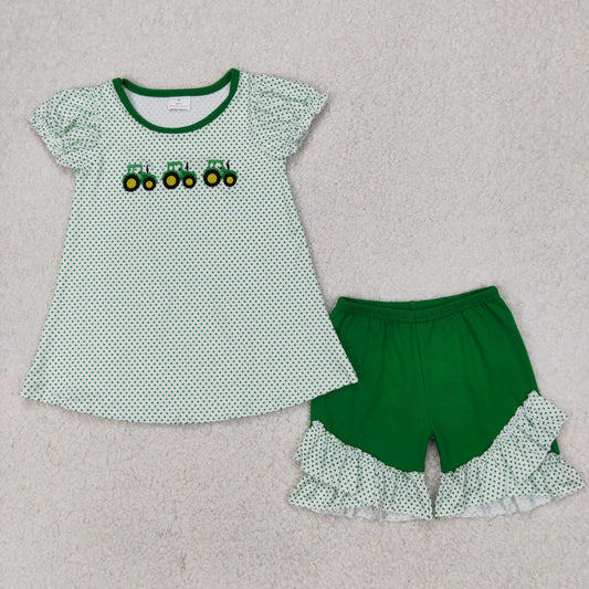 GSSO2268 Embroidered green cars dot short sleeve top ruffled shorts sets Girls Boutique outfit 202503 RTS