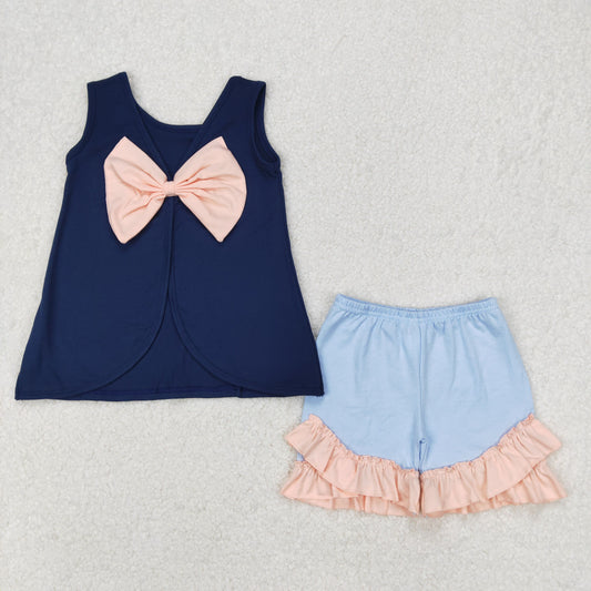 GSSO2272 Navy Blue Pink bow sleeveless top light blue pink ruffle shorts set Girls Boutique outfit 202503 RTS