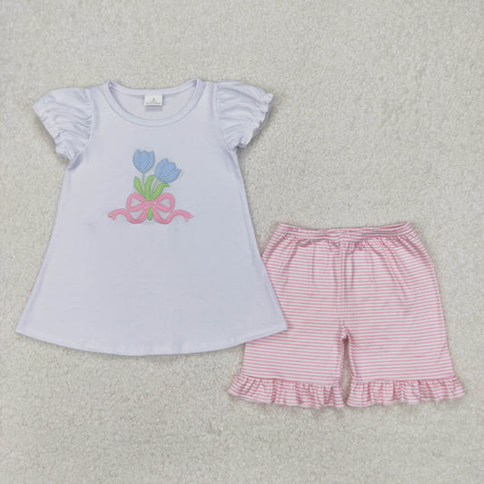 GSSO2275 Embroidered Flower Bow White Pink Short Sleeve Top Striped Ruffle Shorts Sets Girls Boutique Outfits 202503 RTS