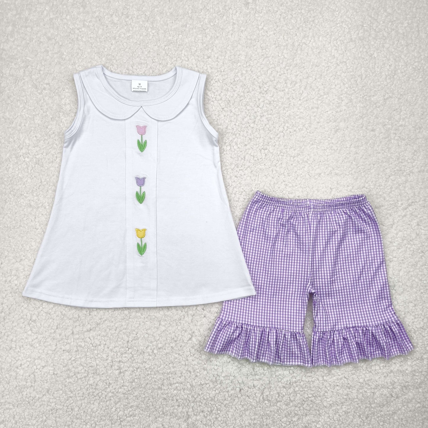 GSSO2276 Embroidered White flowers sleeveless top purple ruffle shorts set Girls Boutique outfit 202505 RTS