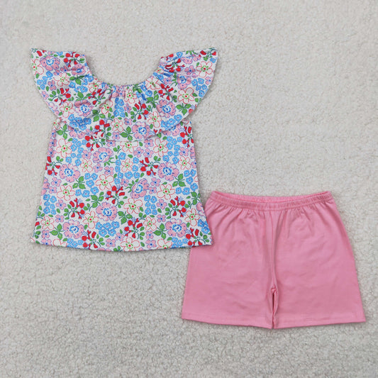 GSSO2277 Floral Pink flying ruffle sleeveless top shorts set Girls Boutique outfit 202504 RTS