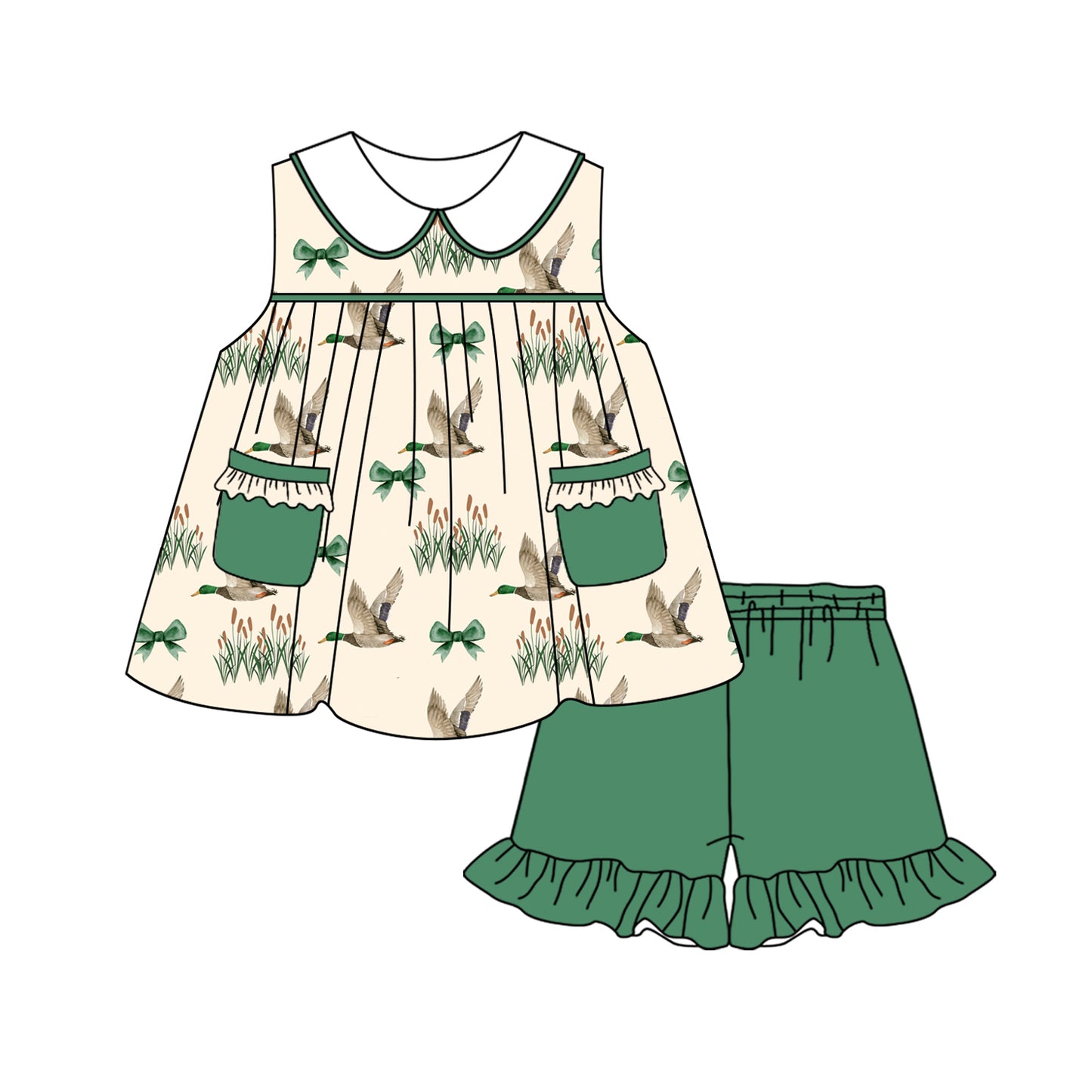 preorder GSSO2281 Duck hunting clothes Dark Green pocket Beige sleeveless top ruffle shorts set Girls Boutique outfit 202502