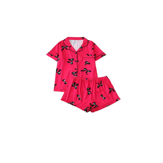 preorder GSSO2282  Red Black Bows Button top shorts pajamas set Girls Boutique outfit 202502