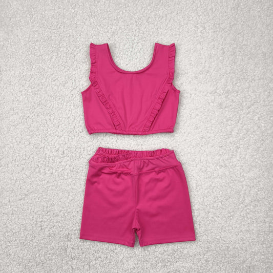 GSSO2284 Yoga outfit Pure Rose Red Ruffled Sleeveless top shorts set Girls Boutique outfit 202504 RTS