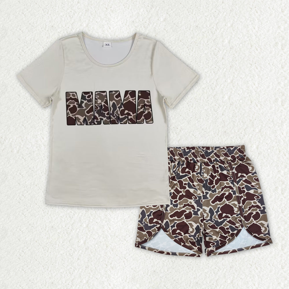 Preorder GSSO2286 Western women clothing Mamas White short sleeve top camouflage shorts set Adult Girls Boutique outfit 202502