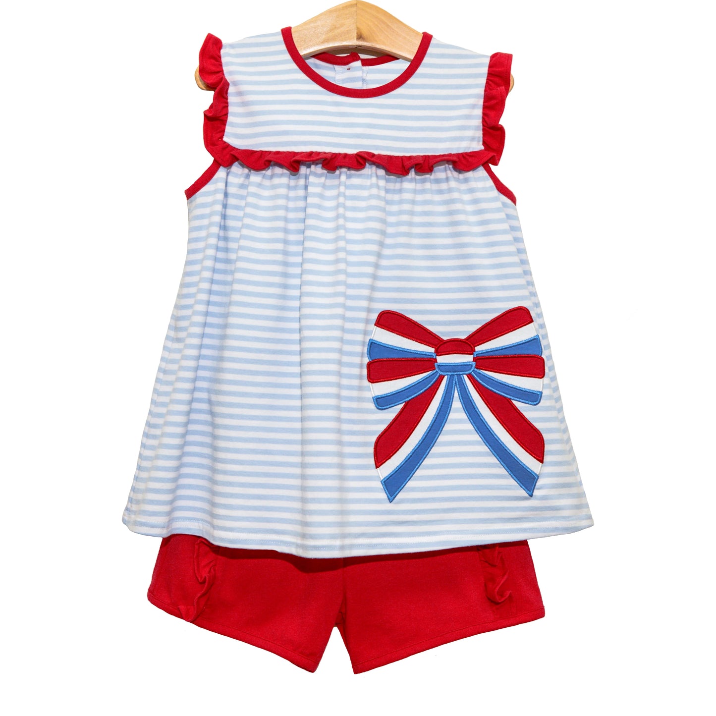 preorder GSSO2287 Red Blue Striped Bows Ruffle sleeveless top shorts sets Independence Day Girls boutique outfits 202502
