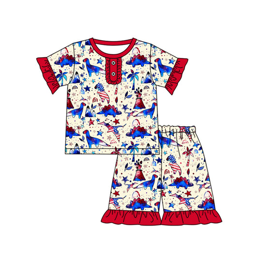 preorder GSSO2289 4th of July Red ruffle dinosaur star short sleeve top shorts pajamas  sets girls boutique outfit 202502
