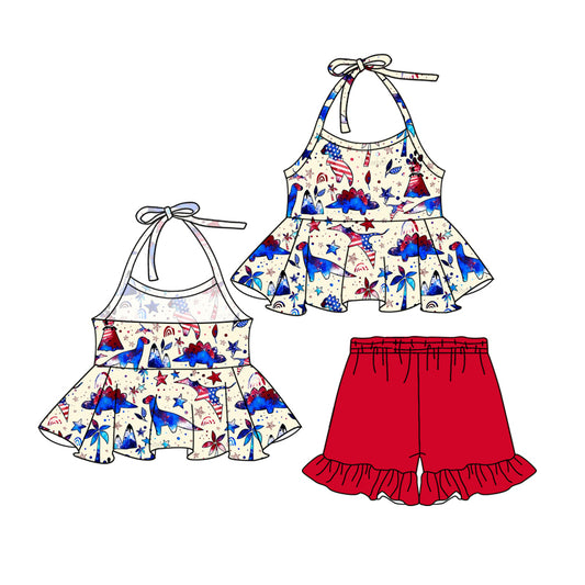 preorder GSSO2290 4th of July Red ruffle dinosaur star halter  top shorts sets girls boutique outfit 202502