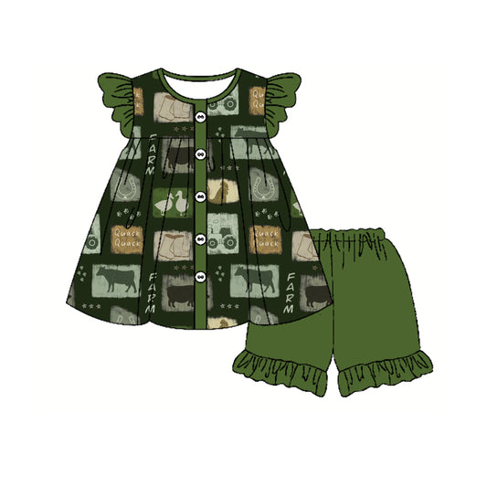 preorder GSSO2294 Dark Green Factor Trucks Cow Duck Ruffle Sleeveless top shorts sets girls boutique outfit 202502