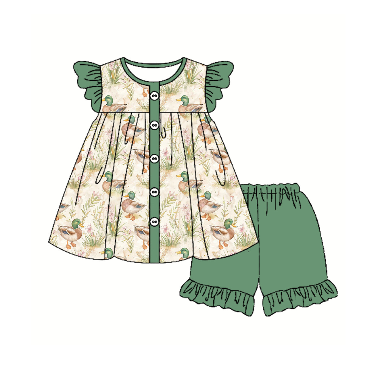 preorder GSSO2295 Duck hunting Green Ruffle Fly Sleeve top shorts sets girls boutique outfit 202502
