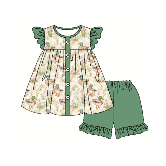 preorder GSSO2295 Duck hunting Green Ruffle Fly Sleeve top shorts sets girls boutique outfit 202502